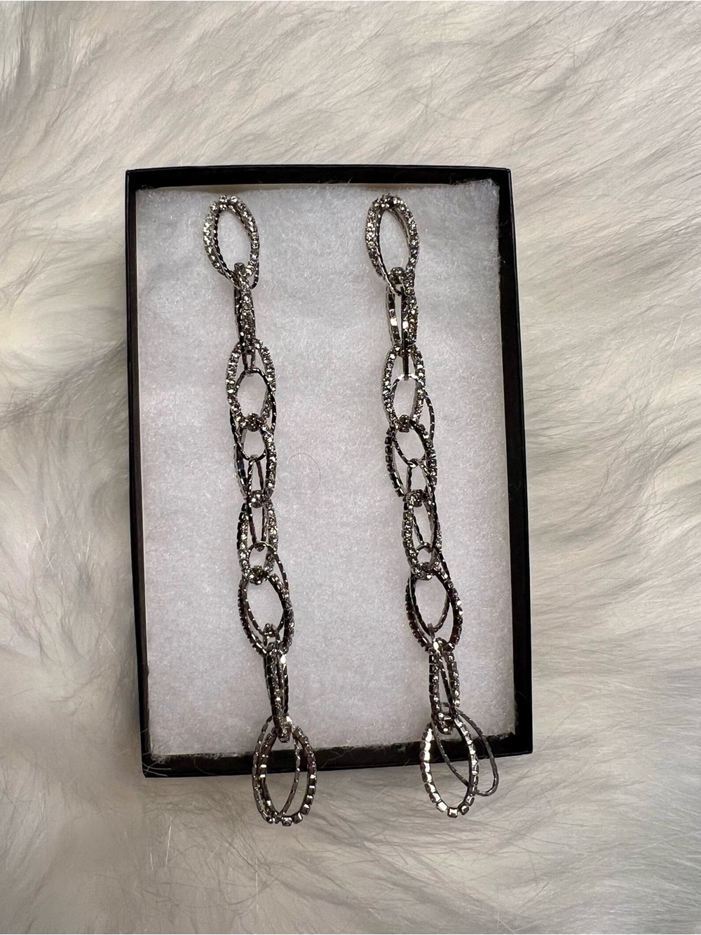 bebe Rhinestone Silver Textured Link Drop Earrings - Picture 2 of 2